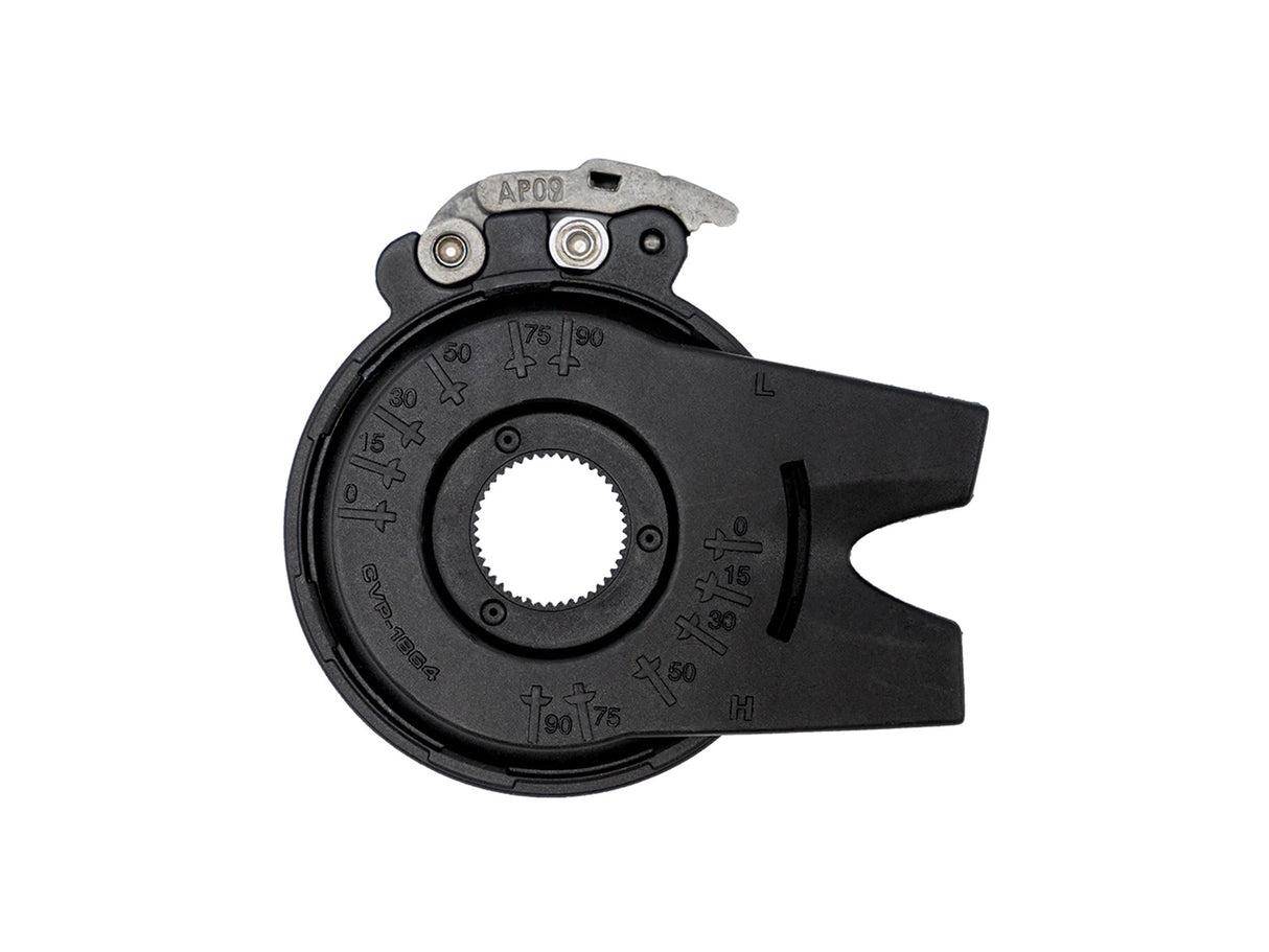 Enviolo manual shift interface for trinnløst girnav, vist ovenfra mot hvit bakgrunn. Rund svart plastkomponent med sentralt splines-hull for montering på navaksel, graderingsmerking fra 0 til 90 grader med L/Low og H/High indikatorer, metallbøyle AP09 med justeringsskruer og produktkode CVP-1984