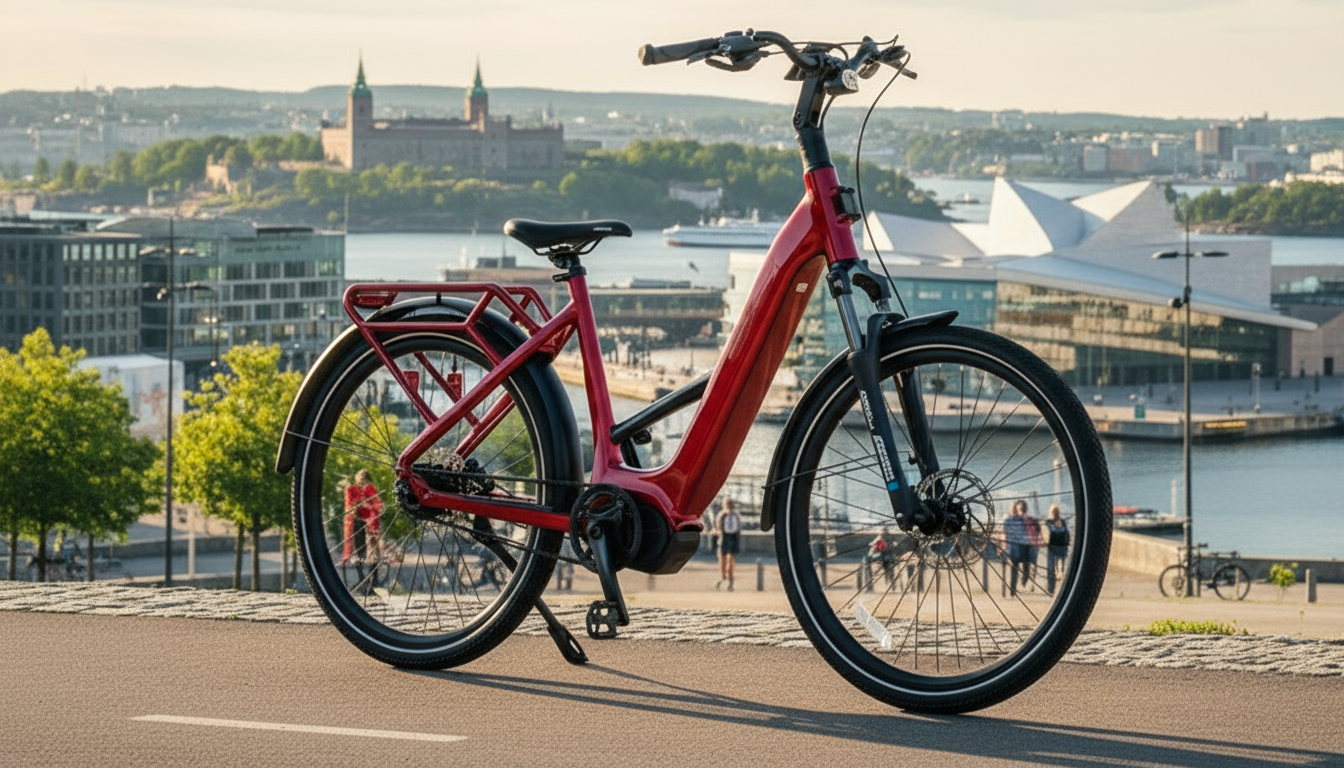 Mechanic Arts Flo elsykkel i rød farge med Oslo by i bakgrunnen - elektrisk sykkel for bypendling