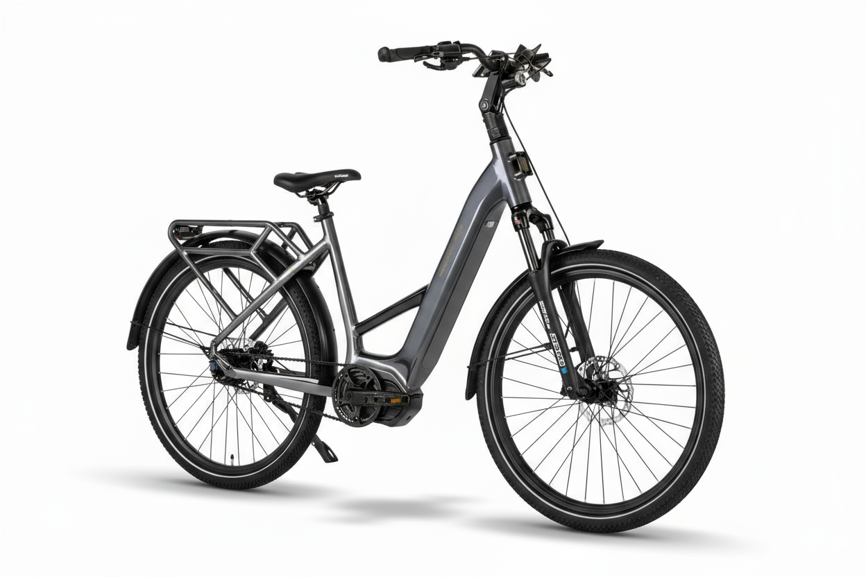 Mechanic Arts Flo elsykkel i titan farge - elektrisk sykkel for by og pendling, med lavt innsteg, god rekkevidde og sterk motor på 115Nm