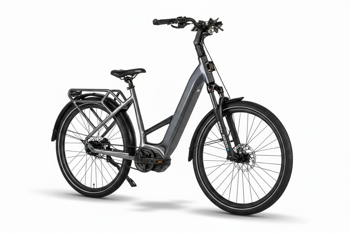 Mechanic Arts Flo elsykkel i titan farge - elektrisk sykkel for by og pendling, med lavt innsteg, god rekkevidde og sterk motor på 115Nm