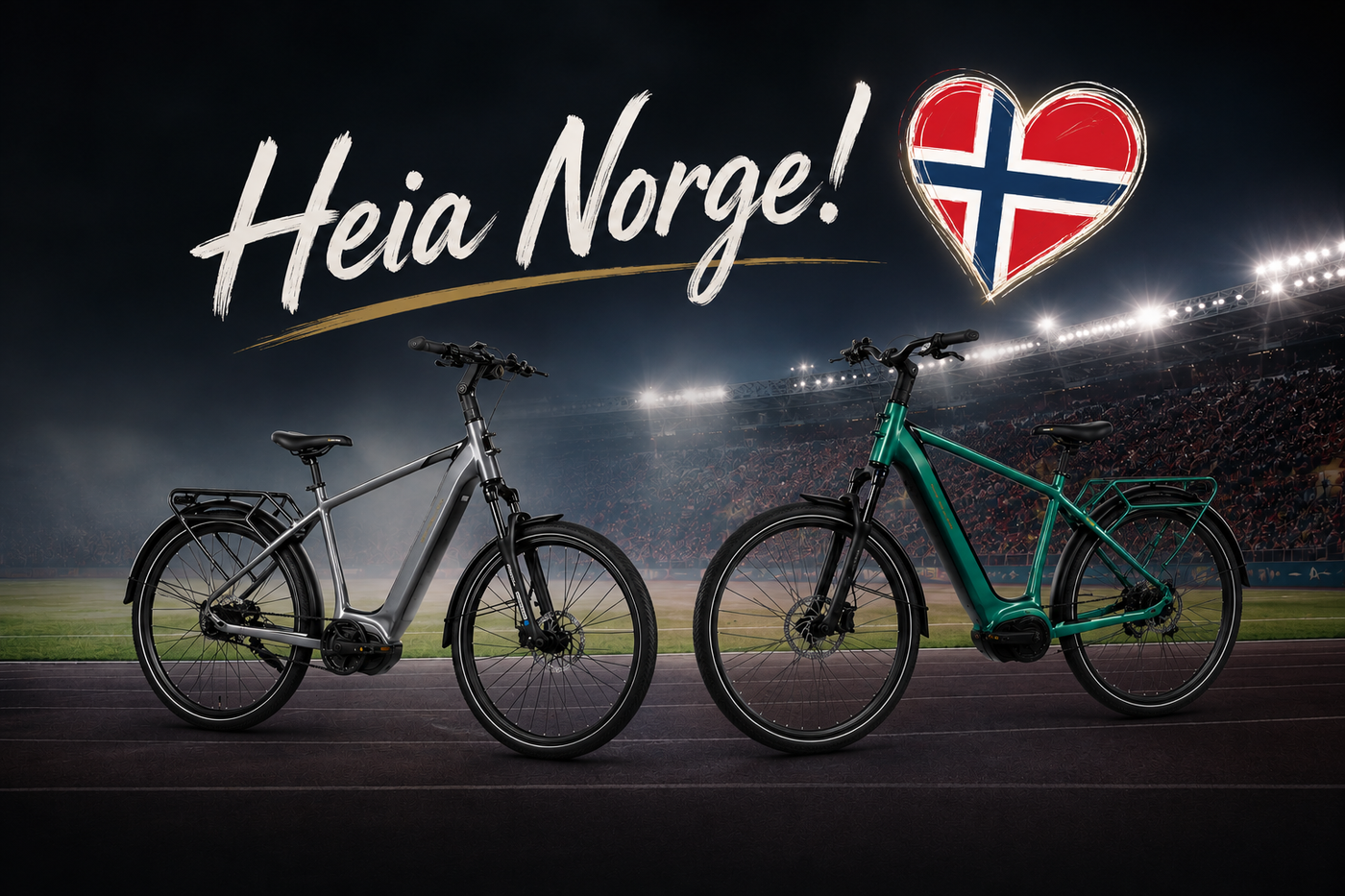 To elsykler på et opplyst fotballstadion med teksten «Heia Norge!» og et hjerte med norsk flagg.