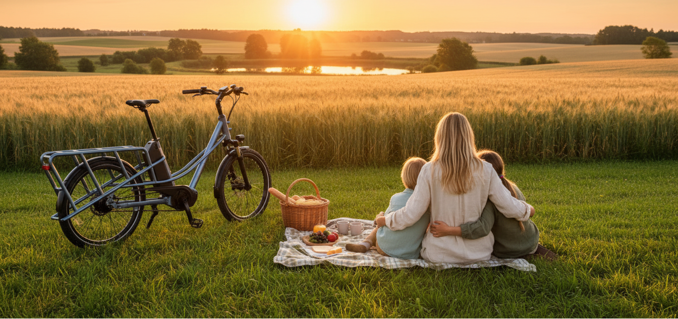 Mechanic Arts Triberide longtail elsykkel for familier - solnedgang