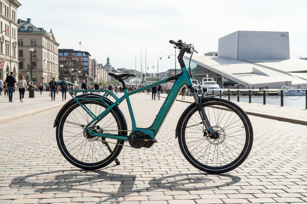 Mechanic Arts Rida elsykkel i emerald farge i Oslo sentrum - sterk elektrisk sykkel for by og pendling