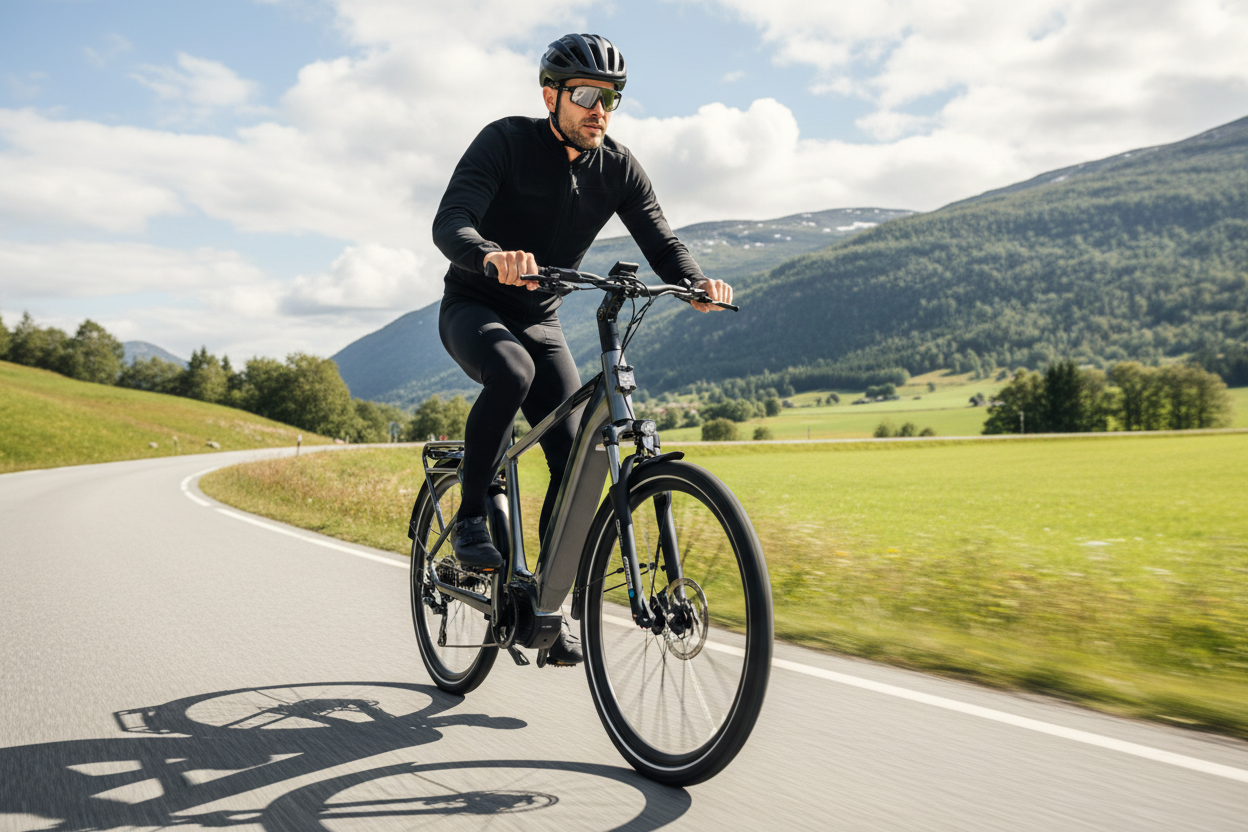 Mechanic Arts Ridr elsykkel med rytter i norsk natur