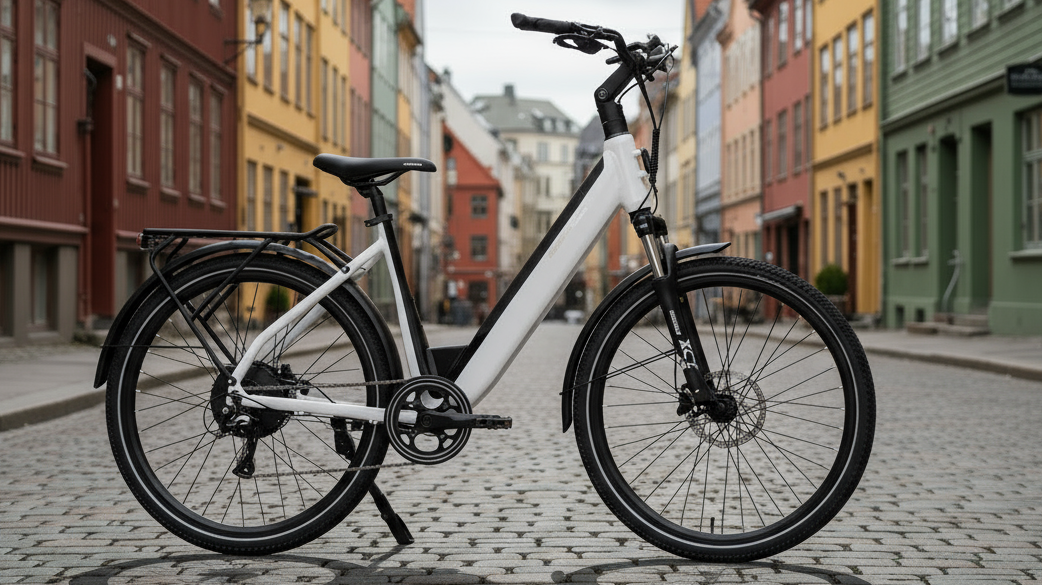 Mechanic Arts Tokyo elsykkel i hvit farge med Trondheim i bakgrunnen - rimelig elektrisk bysykkel med sterk motor