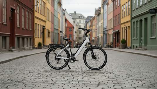 Mechanic Arts Tokyo elsykkel i hvit farge med Trondheim i bakgrunnen - rimelig elektrisk bysykkel med sterk motor