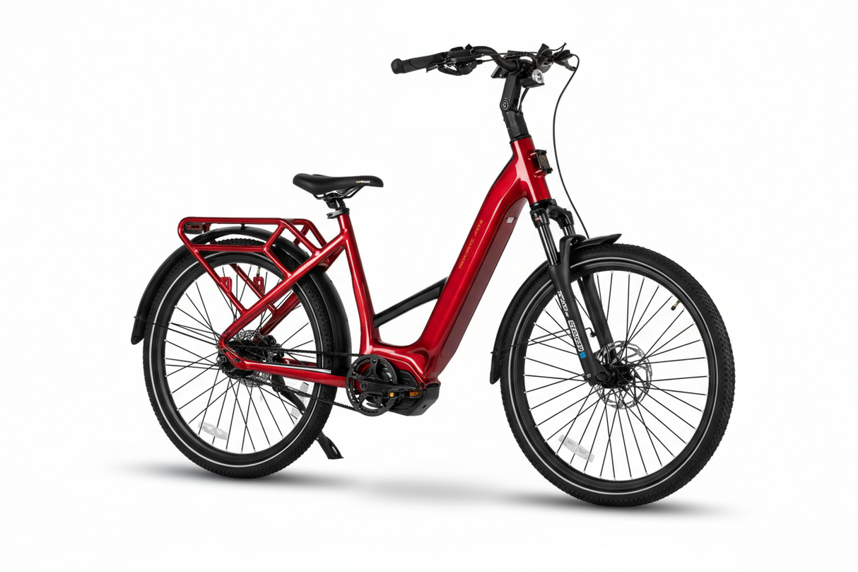 Mechanic Arts Flo elsykkel i rød farge - elektrisk sykkel for by og pendling, med lavt innsteg, god rekkevidde og sterk motor på 115Nm
