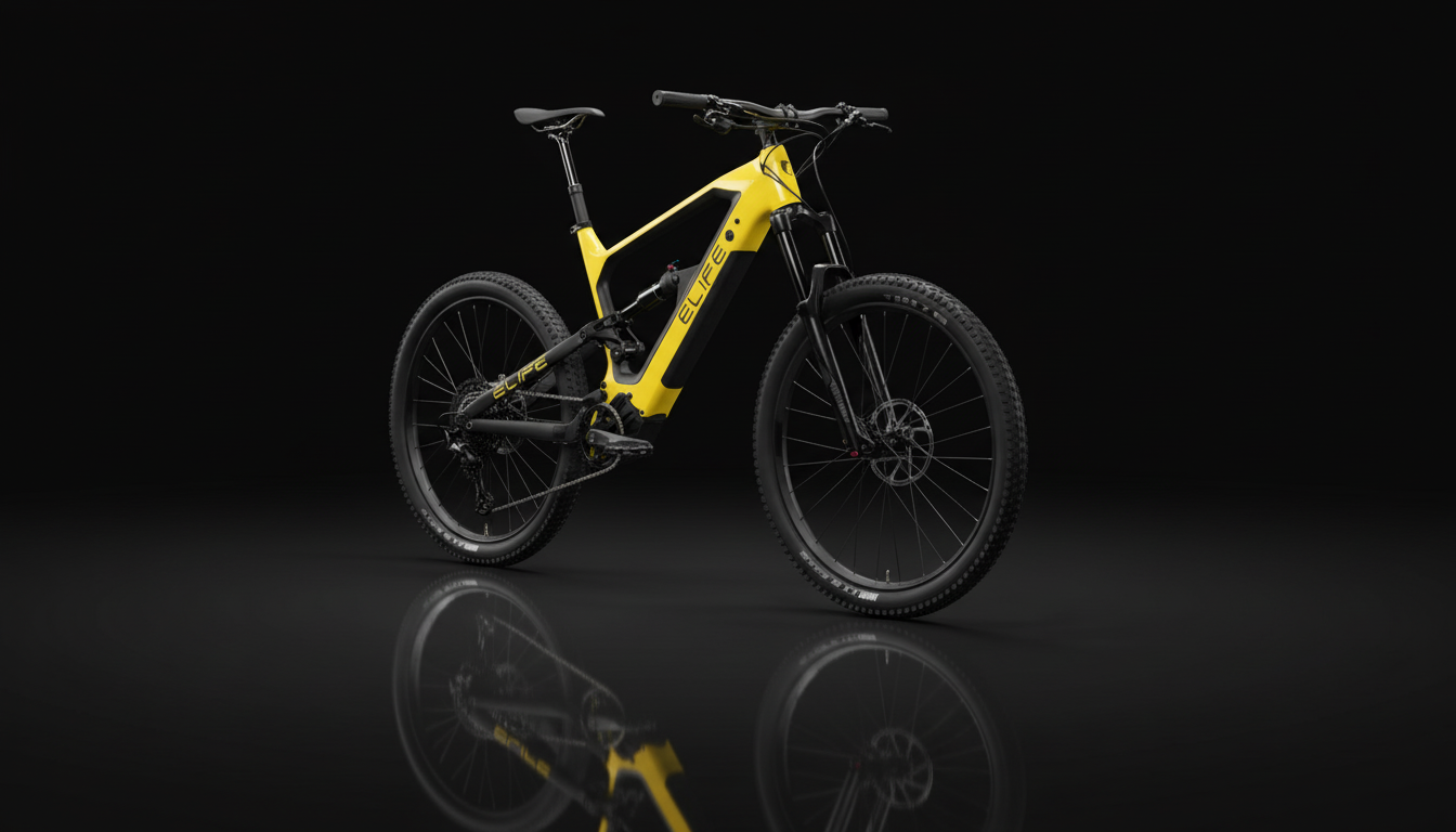 Elife X elsykkel gul farge, med ramme i karbonfiber, sett fra siden. En terrengsykkel med lange kjedestag for god stabilitet og klatreevne. Sterk motor på 115Nm