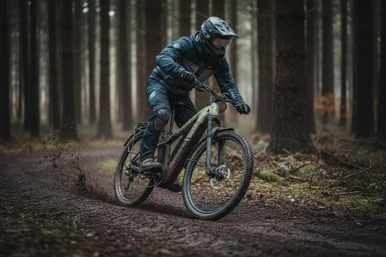 Mechanic Arts Nordr29 elsykkel med mtb syklist i skogsterreng