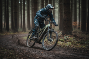 Mechanic Arts Nordr29 elsykkel med mtb syklist i skogsterreng