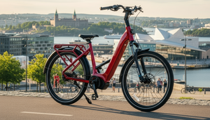 Mechanic Arts Flo elsykkel i rød farge med Oslo by i bakgrunnen - elektrisk sykkel for bypendling