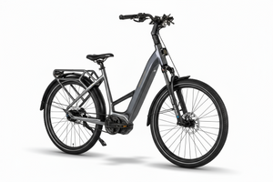 Mechanic Arts Flo elsykkel i titan farge - elektrisk sykkel for by og pendling, med lavt innsteg, god rekkevidde og sterk motor på 115Nm