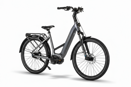 Mechanic Arts Flo elsykkel i titan farge - elektrisk sykkel for by og pendling, med lavt innsteg, god rekkevidde og sterk motor på 115Nm