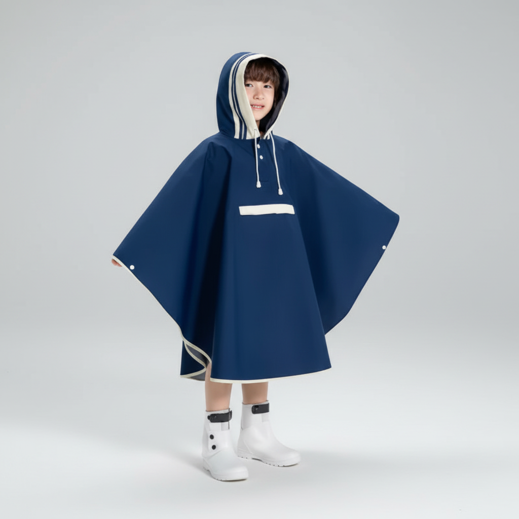 Regnponcho for barn, følger med baggen og esktra lomma