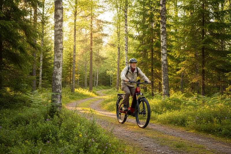 Elife Gazelle elsykkel med lavt innsteg i skogen med eldre syklist