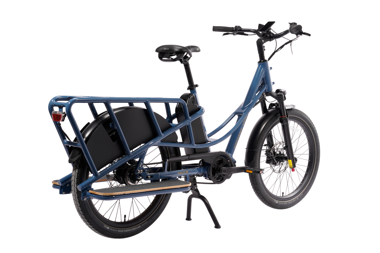 Bakside av Mechanic Arts Haulr elsykkel med Gates beltedrift og fotbrett – longtail med barnesete og barnegrind sett bakfra