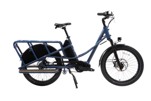 Mechanic Arts Haulr elsykkel med Gates beltedrift og fotbrett for passasjer – elektrisk longtail-sykkel i moderne bydesign