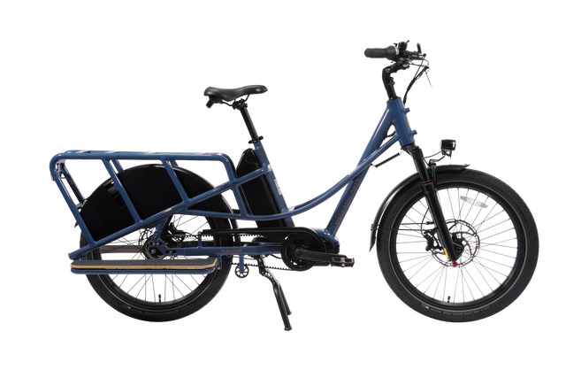 Mechanic Arts Haulr elsykkel med Gates beltedrift og fotbrett for passasjer – elektrisk longtail-sykkel i moderne bydesign