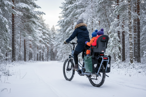 mechanic arts longtail elsykkel med mor og to barn syklende oppover en vintersti