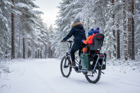 mechanic arts longtail elsykkel med mor og to barn syklende oppover en vintersti