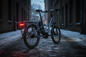 Mechanic Arts Haulr longtail sett bakfra i en snøfylt bygate på nydalen