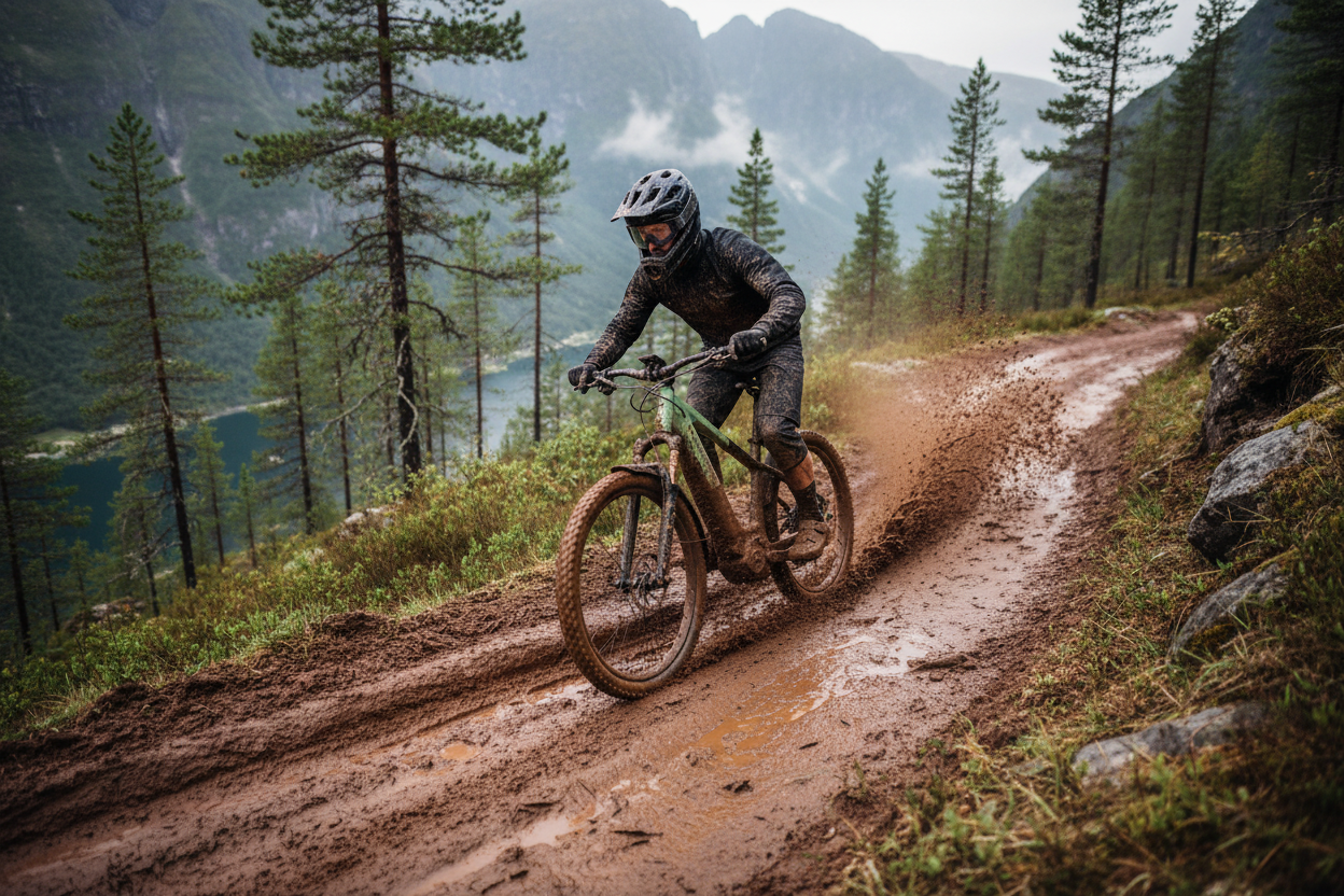Mechanic Arts Nordr 29 elsykkel i hardanger gjennom gjørmete sti i skogen