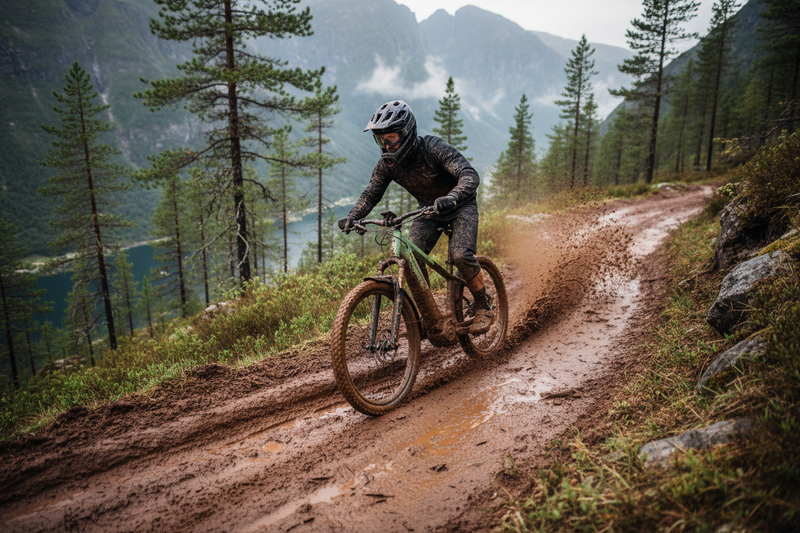 Mechanic Arts Nordr 29 elsykkel i hardanger gjennom gjørmete sti i skogen