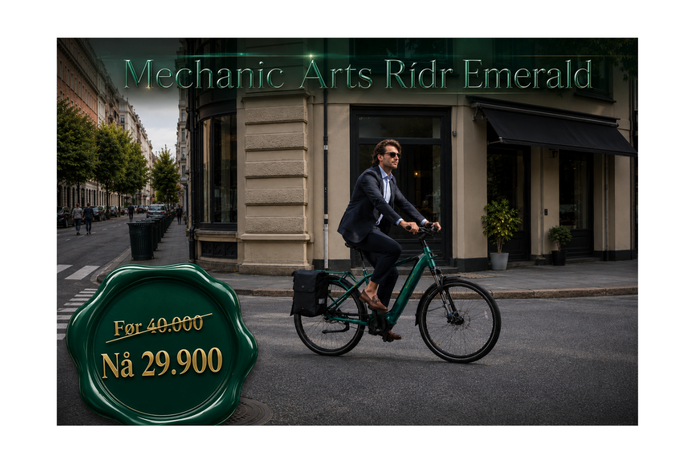 Mann i dress sykler Mechanic Arts Rídr elsykkel i Oslo