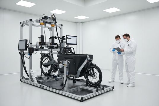 Mechanic Arts Flokkr elsykkel for last på testrigg med forskere som diskuterer innholdet av sjekklisten