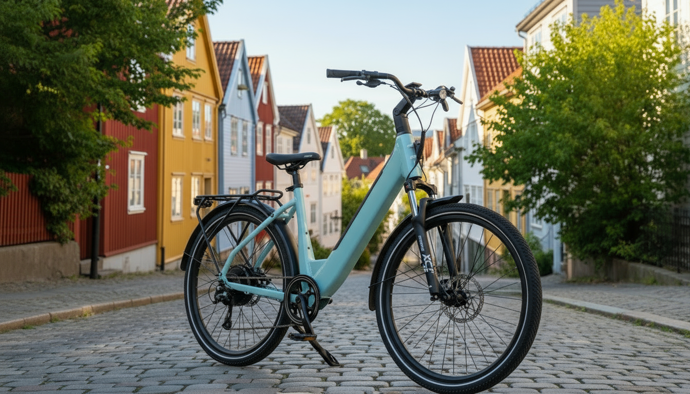 Mechanic Arts Tokyo elsykkel i teal farge med Lillehammer i bakgrunnen - rimelig elektrisk bysykkel med sterk motor