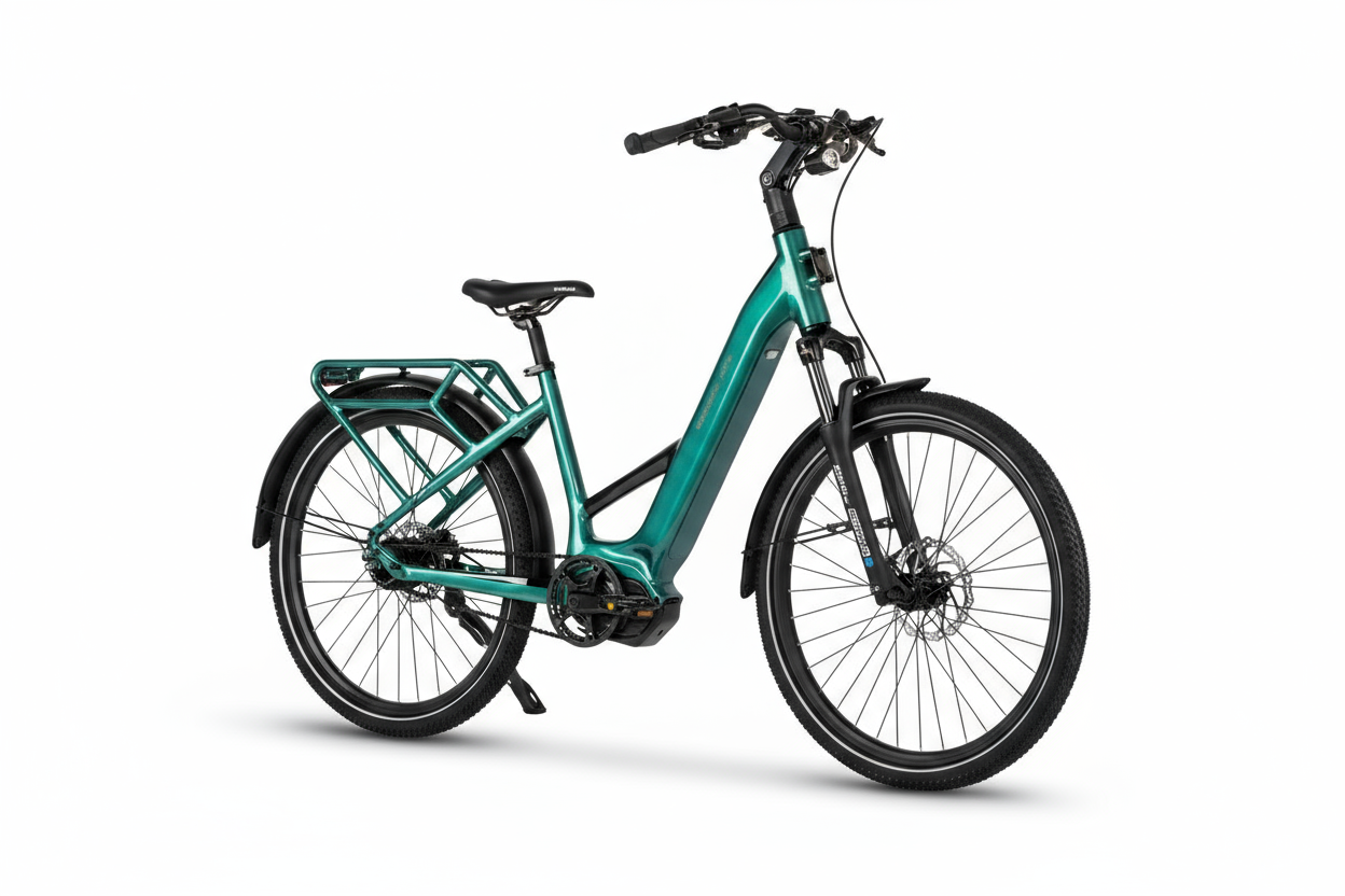 Mechanic Arts Flo elsykkel i emerald farge - elektrisk sykkel for by og pendling, med lavt innsteg, god rekkevidde og sterk motor på 115Nm