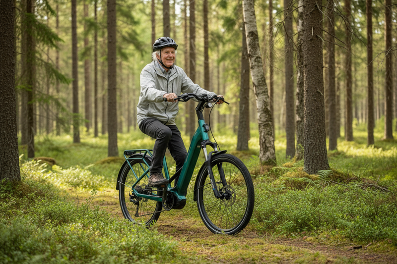 Mechanic Arts Flyr elsykkel med eldre mann som sykler gjennom skogen