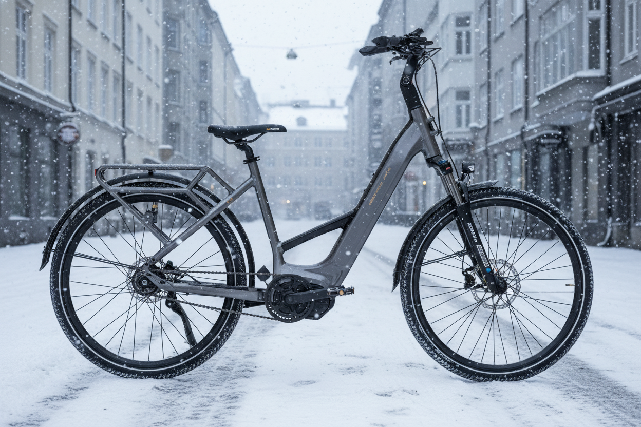 Mechanic Arts Flo elsykkel i titan farge i snøvær i Oslo - elektrisk sykkel for vinter og pendling