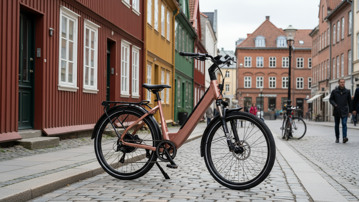 Mechanic Arts Tokyo elsykkel i rosegull farge med Trondheim i bakgrunnen - rimelig elektrisk bysykkel med sterk motor