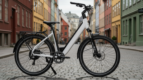 Mechanic Arts Tokyo elsykkel i hvit farge med Trondheim i bakgrunnen - rimelig elektrisk bysykkel med sterk motor