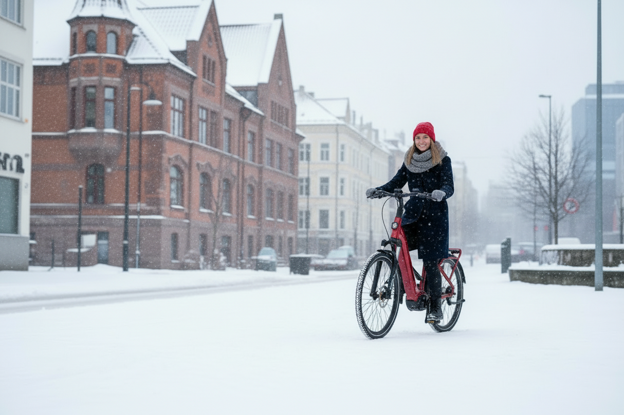 Mechanic Arts Flýr elsykkel i Oslo sentrum i snøvær