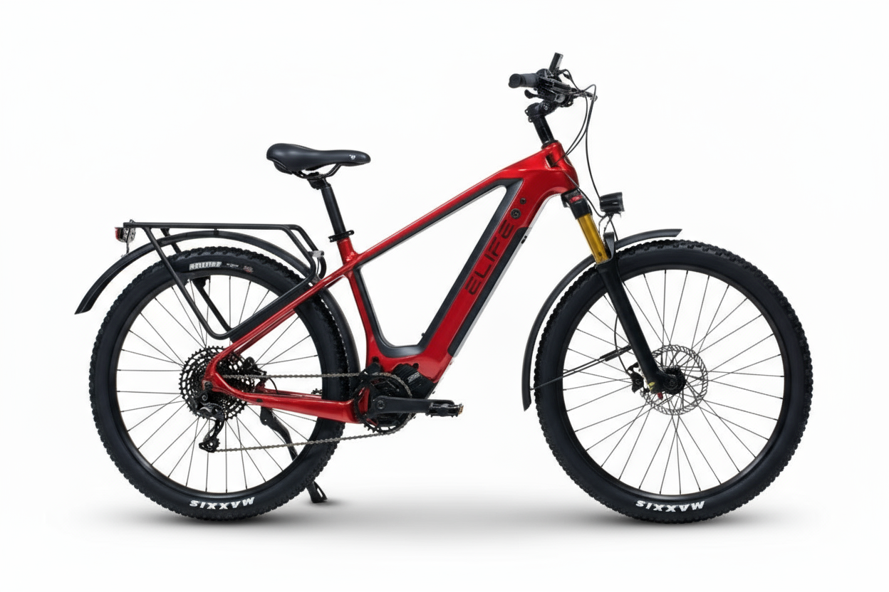 Elife Puma elsykkel, med karbonfiberramme i rød farge, sett fra siden, kraftig motor Bafang M600S 115Nm