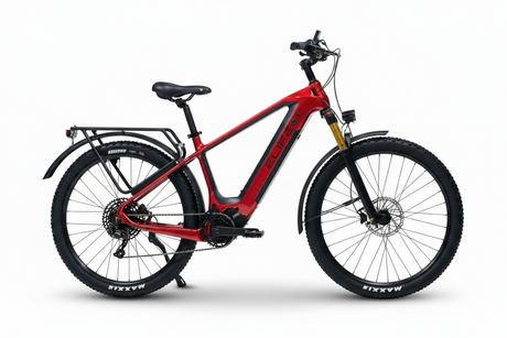 Elife Puma elsykkel, med karbonfiberramme i rød farge, sett fra siden, kraftig motor Bafang M600S 115Nm