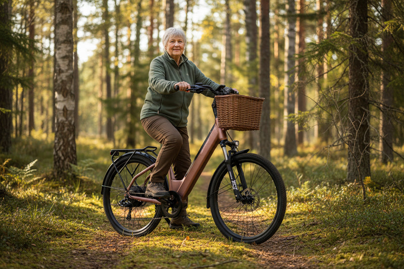 Mechanic Arts Sia elsykkel i rosegull farge med eldre dame som sykler i skogen.