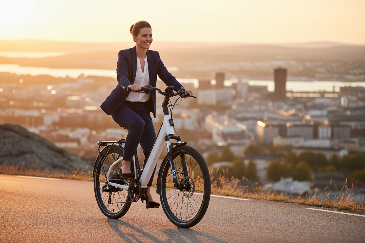 Mechanic Arts Sia elsykkel med kvinne i dress opp grefsenkollen i Oslo