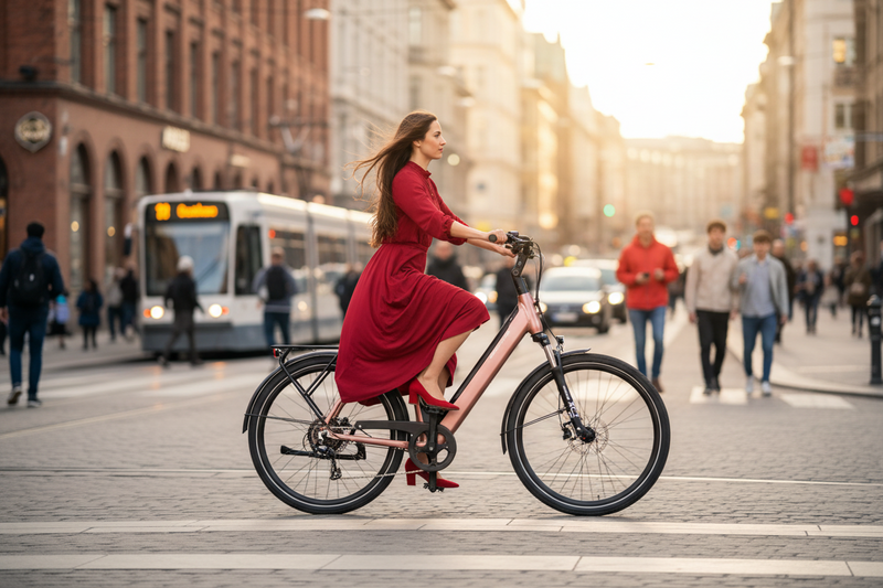 Mechanic Arts Sia elsykkel med kvinne i rød kjole i Oslo sentrum